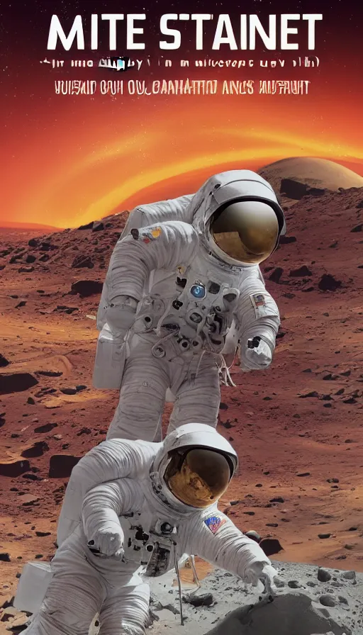 Prompt: movie poster of astronauts mining on mars, highly detailed, large text, bright colours, animated