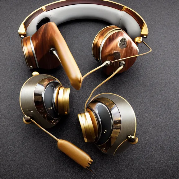 Prompt: masterpiece photo of beautiful crafted retro bismuth headphones in a silk padded leather case, gold metal, bismuth cups, leather padding, displayed on mahogany desk, modernist headphones, wood headphones beautiful well designed, hyperrealistic, audiophile, intricate hyper detail, extreme high quality, photographic, meze audio, sennheiser, hifiman, artstation