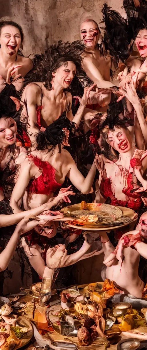 Image similar to an 8 k uhd digital photo of a group of witches dancing and laughing around plates of skin and muscle and blood