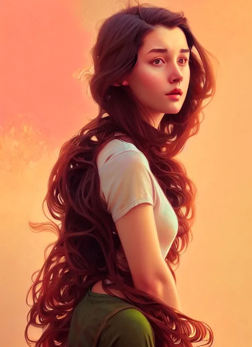 Image similar to handsome young women with shoulder length brown hair, half body shot, path traced, highly detailed, high quality, digital painting, alena aenami, lilia alvarado, shinji aramaki, karol bak, alphonse mucha, tom bagshaw