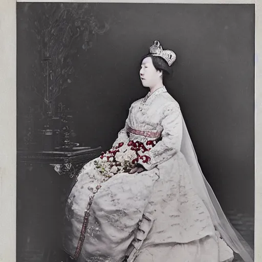 Prompt: a wide full shot, colored russian and japanese mix historical fantasy of a photograph portrait taken of the empress ’ royal wedding attire, photographic portrait, warm lighting, 1 9 0 7 photo from the official wedding photographer for the royal wedding.
