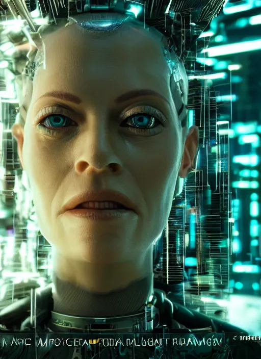 Image similar to 35mm portrait of a 7 of 9 borg with face implants on the background of a weird magical mechanical forest. Round gears visible inside her hear. Very detailed 8k. Fantasy cyberpunk horror. Sharp. Unreal 5 render with nanite, global illumination and path tracing. Cinematic post-processing