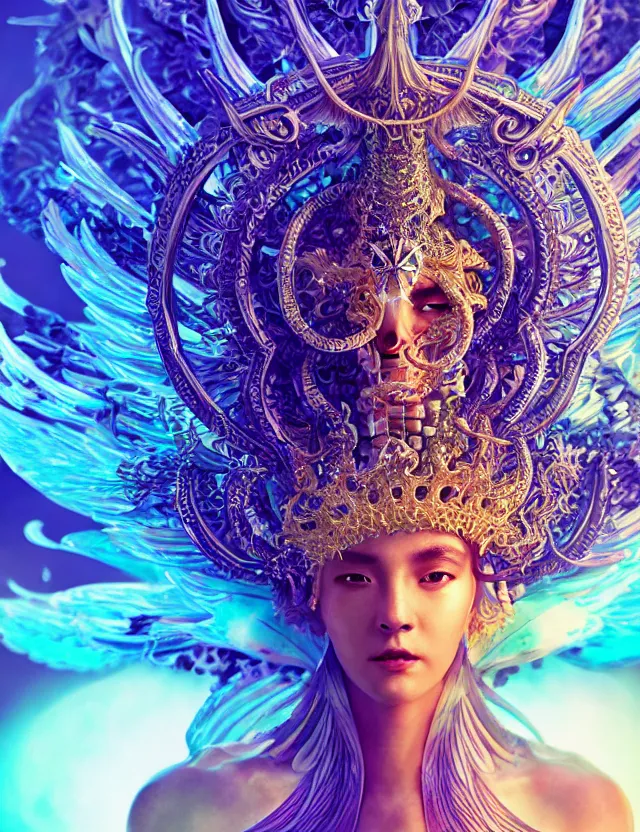 Image similar to goddess phoenix macro close - up portrait with crown made of ram skull. phoenix, betta fish, jellyfish, bioluminiscent, plasma, ice, water, wind, creature, super intricate ornaments artwork by tooth wu and wlop and beeple and greg rutkowski