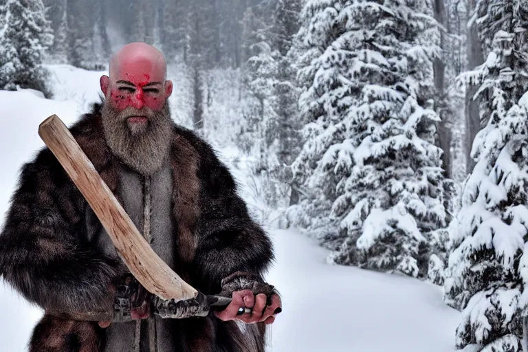 Image similar to vfx movie tough bald man in furs, natural grizzled skin, streaks of red face paint grey beard, holding two detailed viking axes, in snowy tahoe by emmanuel lubezki