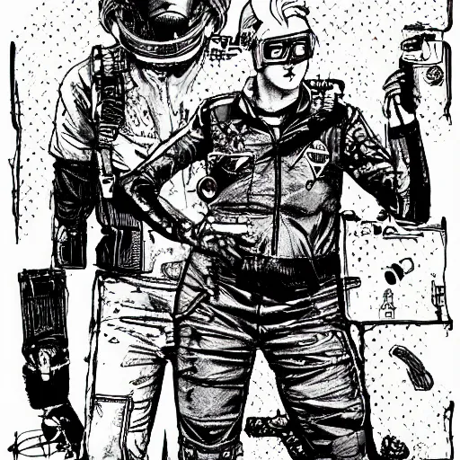 Image similar to illustration of butch tomboy stoic emotionless square - jawed heroic blonde woman wearing patched ripped dirty flight suit, staggering across desert on hostile extraterrestrial planet, pen and ink, ron cobb, mike mignogna, comic book, black and white, science fiction, punk, grunge, used future, illustration, comic book cover, - ar 1 6 : 9