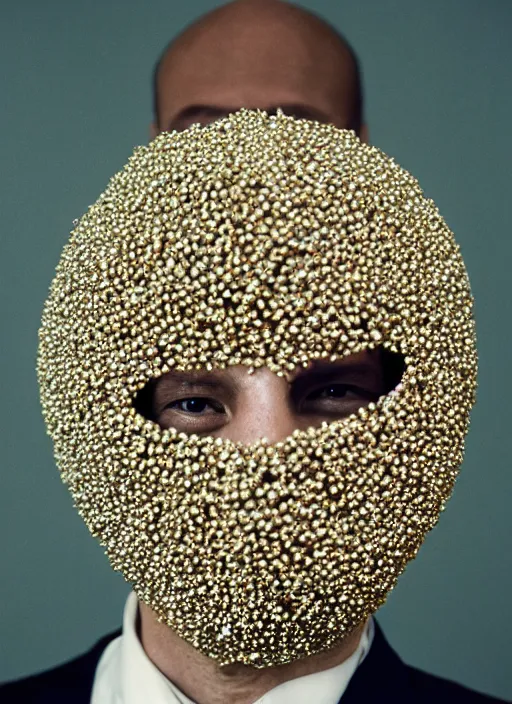 Image similar to a fashion portrait photograph of a man wearing a mask made of small spheres designed by balenciaga, 3 5 mm, pastel, color film camera,