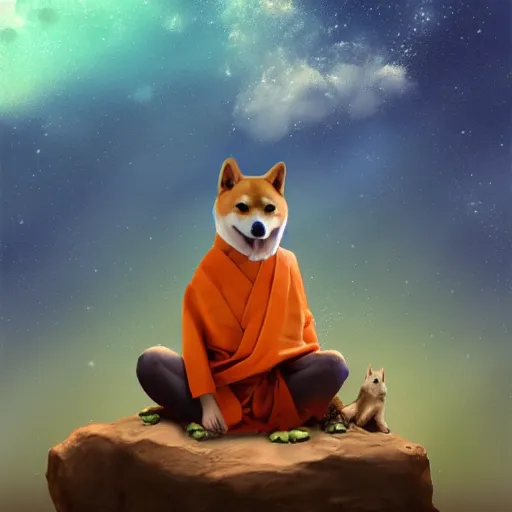 Image similar to A Shiba inu monk sits on a rock and fly through space and time, Artstation