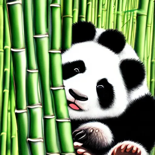 Image similar to A baby panda sleeping in a bamboo forest by studio ghibli, highly detailed body, peaceful atmosphere , digital art , highly detailed , high contrast, beautiful lighting, award winning , trending on art station, photorealistic, 8k