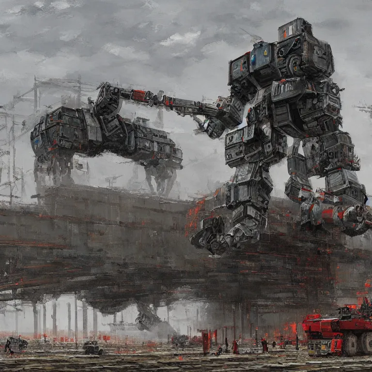 Prompt: construction of a giant soviet mech at the factory by jakub rozalski