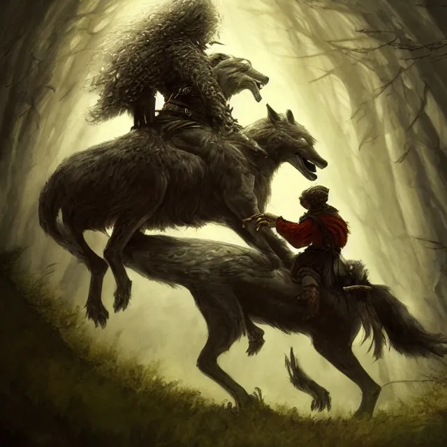 Image similar to young tsarevitch ivan riding on big grey wolf, slavic folk fairytale, story, fable, dramatic, fantasy art, an ultrafine detailed painting, academic art, ornate, inticate, elegant, sharp focus, artstation, by pavel korin, viktor vasnetsov