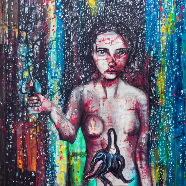 Prompt: a portrait in a dark apartment, cityscape, a female art student holding an octopus, rain made of milk, berries, broken bottles, metaphysical, neo - expressionism, surrealism, acrylic and spray paint and oilstick on canvas