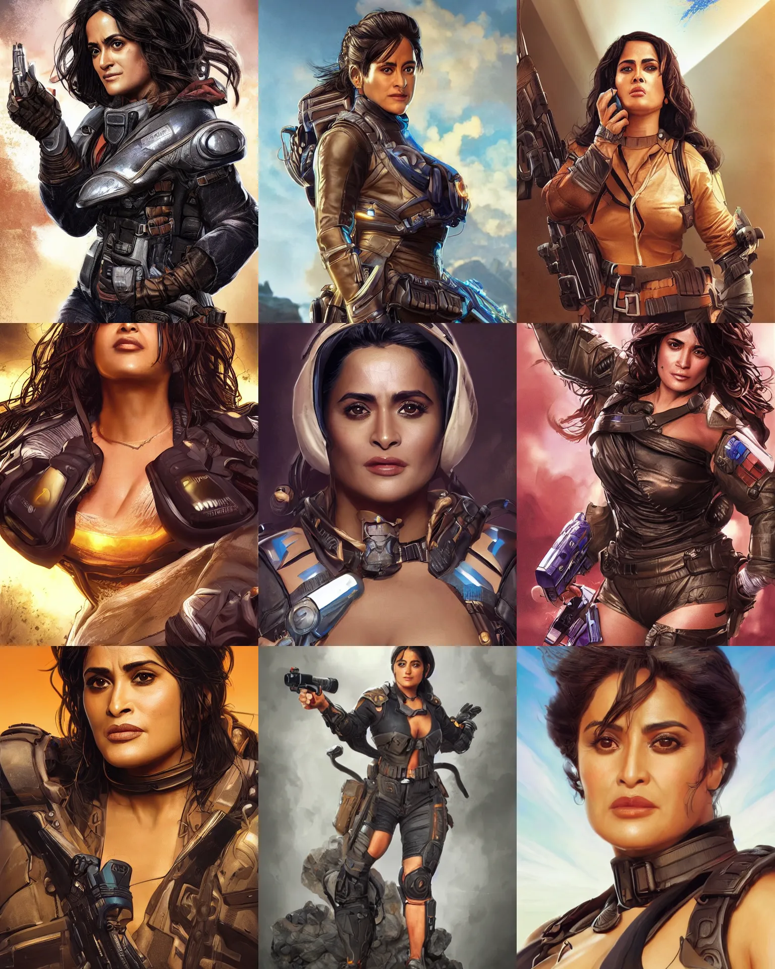 Prompt: Selma Hayek as an Apex Legends character digital illustration portrait design by, Mark Brooks and Brad Kunkle detailed, gorgeous lighting, wide angle action dynamic portrait