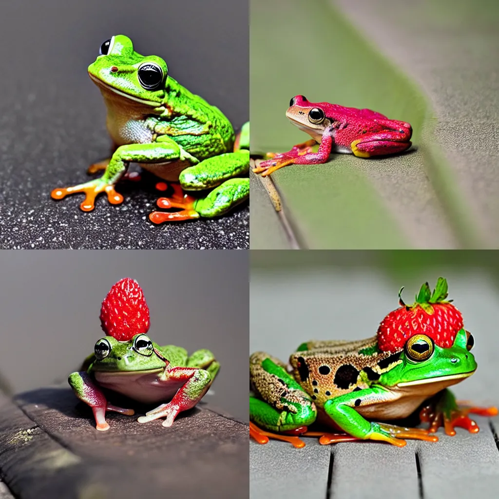 Prompt: photo of a frog that looks like a strawberry