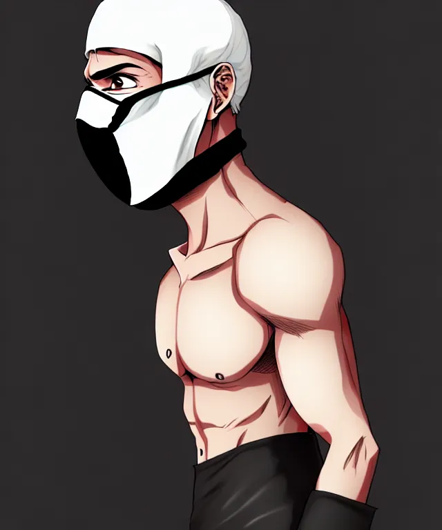 Image similar to white man with black fabric mask, short dark hair, true anatomy!, digital painting, style of akira anime