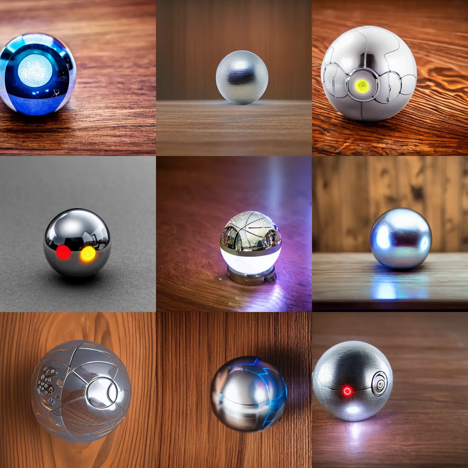 Prompt: a studio photograph of a futuristic high - tech intricate engraved chrome poke ball with leds laying on wood grain, xf iq 4, 1 5 0 mp, 5 0 mm, f 1. 4, iso 2 0 0, 1 / 1 6 0 s, natural light, adobe lightroom, photolab, affinity photo, photodirector 3 6 5