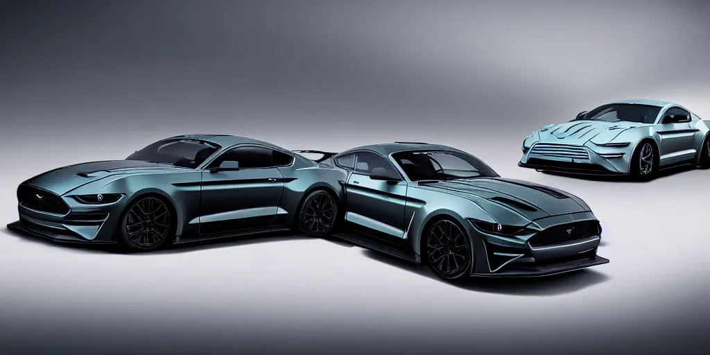 Image similar to hybrid design of Ford Mustang GT 2021 and Aston Martin 2022. No background, concept art style.