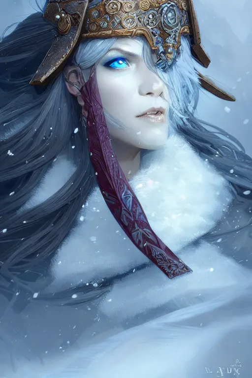 Image similar to azure viking warrior, regal, elegant, winter, snow, beautiful, stunning, hd, illustration, epic, d & d, fantasy, intricate, elegant, highly detailed, digital painting, artstation, concept art, smooth, sharp focus, illustration, wallpaper, art by artgerm and greg rutkowski and alphonse mucha and jin xiaodi