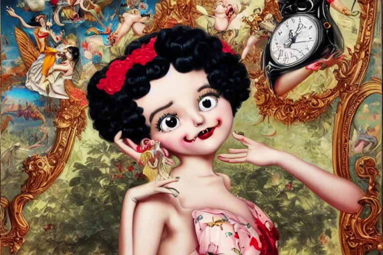 Prompt: betty boop tiktok advertisement by james jean + robert williams + von franco, oil on canvas, exquisitely intricate details, surrealism, neoclassicism, renaissance, hyper realistic, ultra detailed, cell shaded, 8 k