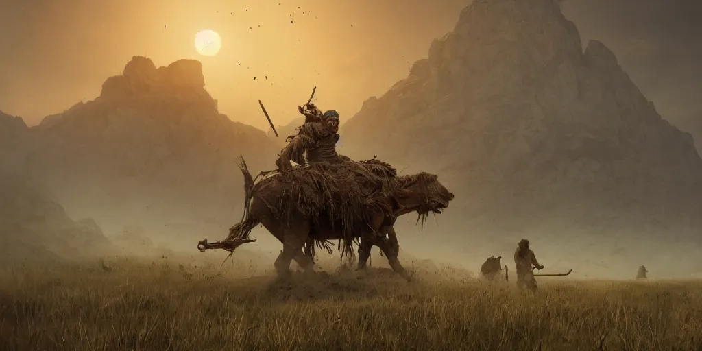 Image similar to an ancient tribesman driving an ancient motorcycle, hunting buffalo ,attacking, chase, action scene, an epic fantasy, dramatic lighting, cinematic, establishing shot, extremely high detail, photorealistic, cinematic lighting, artstation, octane render, by simon stalenhag, horizon forbidden west,old photo, vintage