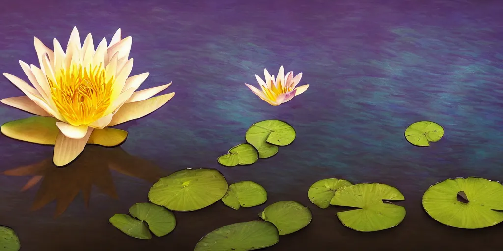 Prompt: A hand holding a water lily, night dramatic lighting, blue, yellow and purple tones, wide camera angle, matte painting, trending on ArtStation, concept art, delightful surroundings, high detail, sharp contrast, ray tracing, picturesque artwork by Mike Winkelmann, artwork by Ridley Scott, 4K, 8K, super graphically realistic detailed, high definition, HDR