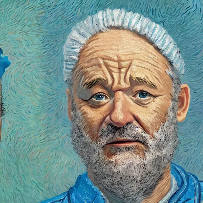 Image similar to portrait of bill murray as steve zissou, painting in the style of Wes Anderson. intricate artwork. by Van Gogh. octane render, trending on artstation, greg rutkowski very coherent symmetrical artwork. cinematic, high detail, octane render, 8k, iridescent accents