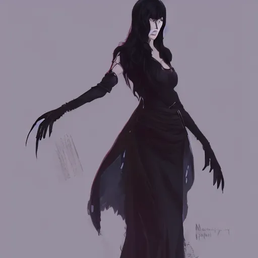 Image similar to female human vampire witch in the style of greg rutkowski, makoto shinkai, trending on artstation, character design, concept art, pretty face, highly detailed, long black hair, portrait, digital art