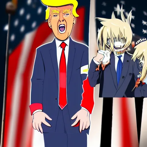 Prompt: donald trump as part warship in the style of anime kancolle azul lane