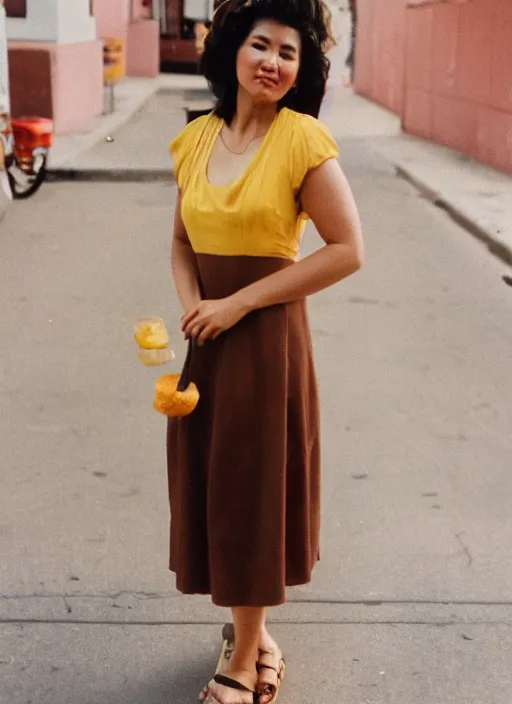 Image similar to a beautiful brown hair woman in a yellow sun dress in downtown Los Angelas, 50mm lens, Kodak Portra 400 film