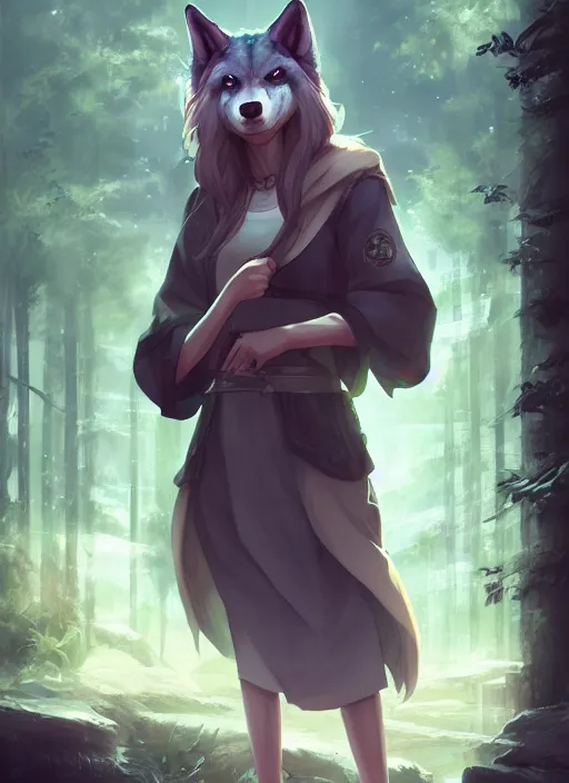 Image similar to beautiful portrait of a female anthro wolf fursona wearing jedi robes in a forest cyberpunk city. character design by charlie bowater, ross tran, artgerm, and makoto shinkai, detailed, soft lighting, rendered in octane