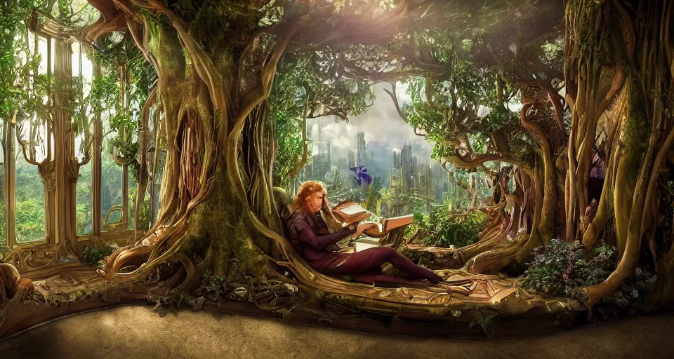 Prompt: An incredibly beautiful shot from a 2022 fantasy film featuring a character sitting in a cozy art nouveau reading nook inside a fantasy treehouse. A fantasy forest city is seen through a window. 8K UHD.