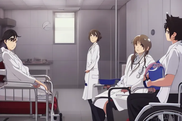 Image similar to a elegant female doctor wearing white coat are serving an old patient in a wheelchair in a hospital ward, slice of life anime, cinematic, realistic, anime scenery by Makoto shinkai