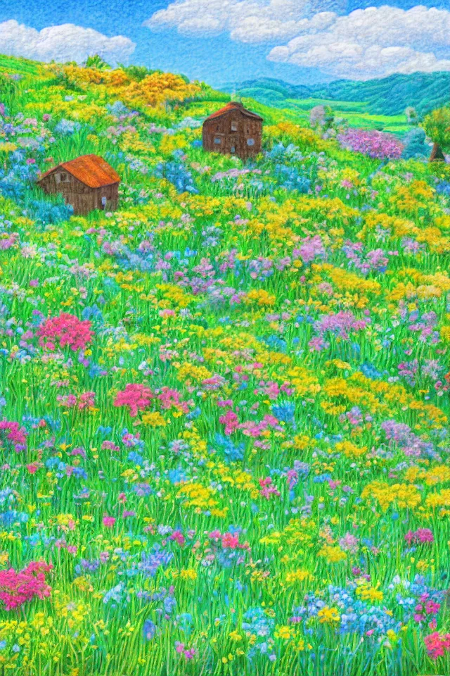 Prompt: a countryside in spring, green hills and blue sky with patches of clouds, nature in all its beauty, some houses in the background, star - shaped flowers in the foreground, digital painting, colored pencil, detailed,