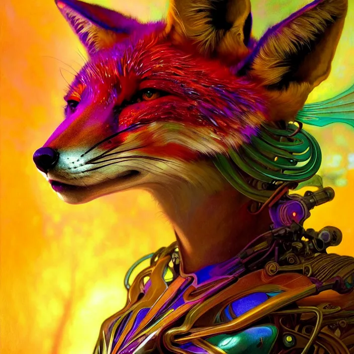 Prompt: bright psychedelic portrait of organic fox cyborg, wings, diffuse lighting, fantasy, intricate, elegant, highly detailed, lifelike, photorealistic, digital painting, artstation, illustration, concept art, smooth, sharp focus, art by John Collier and Albert Aublet and Krenz Cushart and Artem Demura and Alphonse Mucha