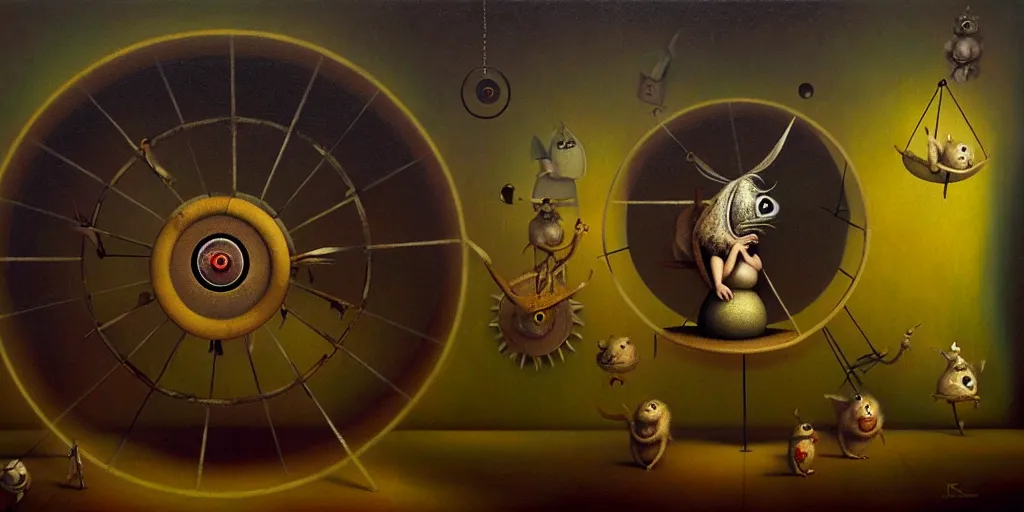 Image similar to trapped on the hedonic treadmill like a hamster on a wheel, dark surreal oil painting by ronny khalil, shaun tan, and leonora carrington