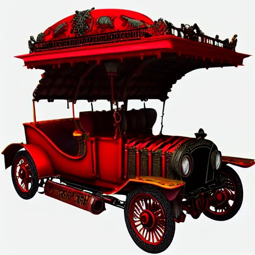 Image similar to highly detailed victorian steampunk red convertible driven by Johnny depp as hunter s Thompson fear and loathing, ornate, intricate design, hyperrealistic, 8k resolution, 3d render by billelis