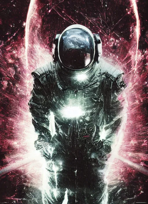 Image similar to astronauts in dark and empty void underwater - complex and hyperdetailed technical suit. reflection and dispersion materials. rays and dispersion of light. volumetric light. 5 0 mm, f / 3 2. noise film photo. flash photography. ultra realistic, wide angle. poster by wayne barlowe, hajime sorayama aaron horkey, craig mullins