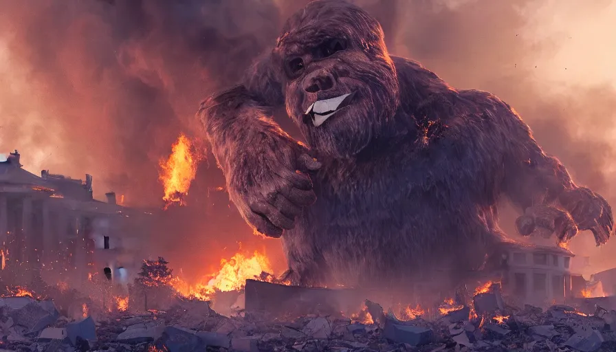 Image similar to giant bigfoot destroying washington dc, debris, collapsed buildings, burning white house, hyperdetailed, artstation, cgsociety, 8 k