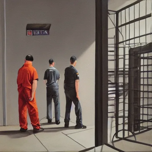 Prompt: hyperrealism painting of prisoners scheming to escape prison while guards are distracted