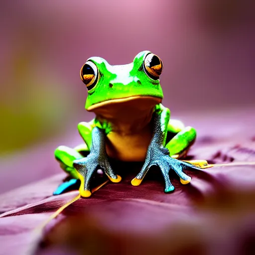 Prompt: a frog with a microphone for a head sitting on a wet leaf, nature photography, high resolution 8k, animal,