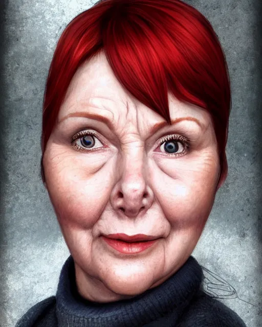 Prompt: portrait of short and plump 5 0 - year - old woman with red hair and, kind face, round face, short hair, molly weasley, wearing in cardigan, hyper realistic face, beautiful eyes, character art, art by mark brooks, hyperdetailed, cryengine, trending on artstation, digital art