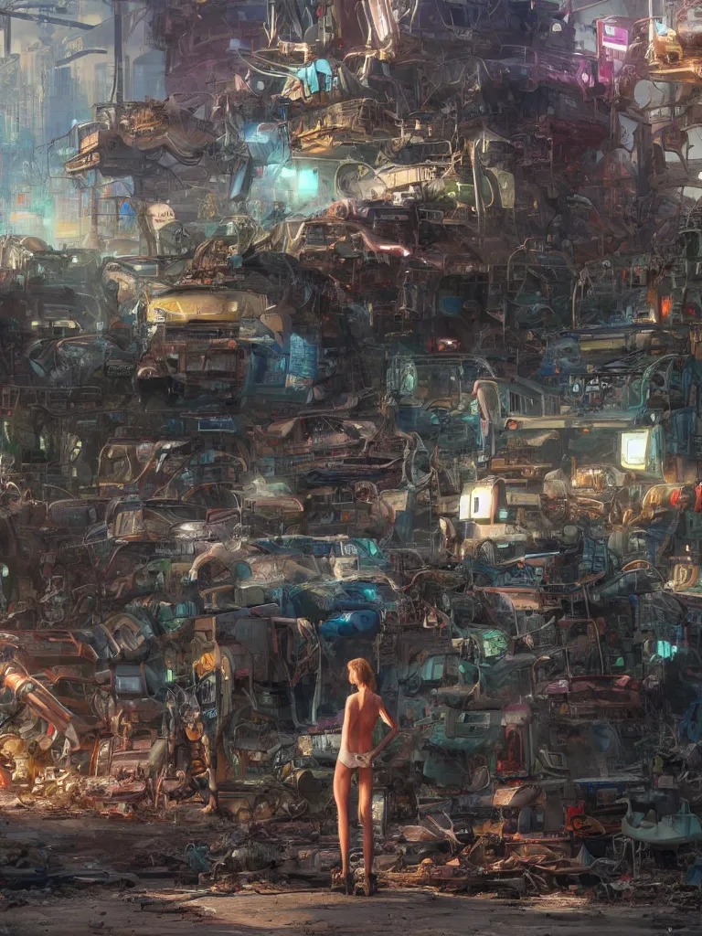 Image similar to concept art of a humanoid standing in a junkyard, back - view, technology screens glowing, hyper maximalist, matte painting, ultra detail, concept art, hyper realistic, photorealistic, cgsociety, hyper maximalist, artstation, cgsociety, style by jon foster and feng zhu and tyler edlin, octane render, anime style