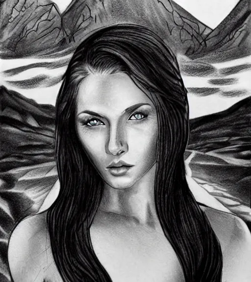 Image similar to tattoo design sketch of a beautiful blue - eyed woman face with a faded background of beautiful mountains and nature on her side, hyper - realistic, in the style of den yakovlev, amazing detail, black and white