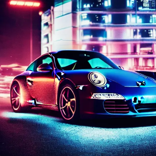 Image similar to photo of a porsche 9 1 1 at night in a city, cinematic, 4 k, long exposure photography, tokyo drift, fast and furious, film still, night photography, motion blur, lens flare, movie shot, light trail, distortion, wide angle, reflections