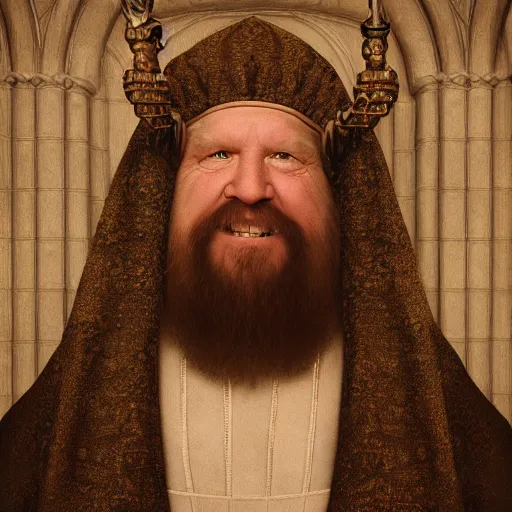 Prompt: medieval jan van eyck cloeup face portrait of jeff bridges as big lebowski with a pug, nicoletta ceccoli, mark ryden, lostfish, hyung tae, frank frazetta, depth of field, detailed and intricate gothic environment, 8 k resolution, hyperrealistic, octane render