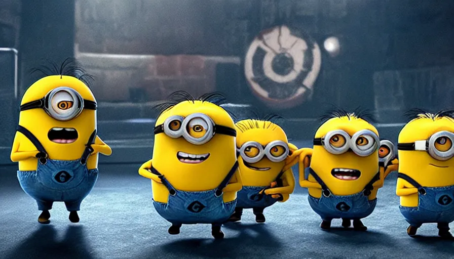 Image similar to fight!!!! club!!!!, fight!!!! club!!!! ((the minions)), movie still, directed by David fincher