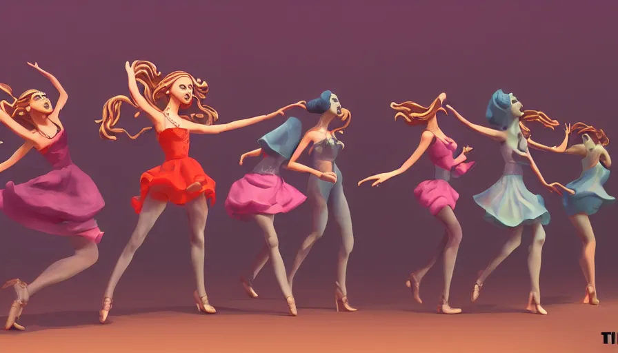 Image similar to girls dancing for lovely music, masterpiece, pinup, highly detailed, claymotion by tim burton,, artstation, concept art, smooth, sharp focus, illustration, Unreal Engine 5, 8K