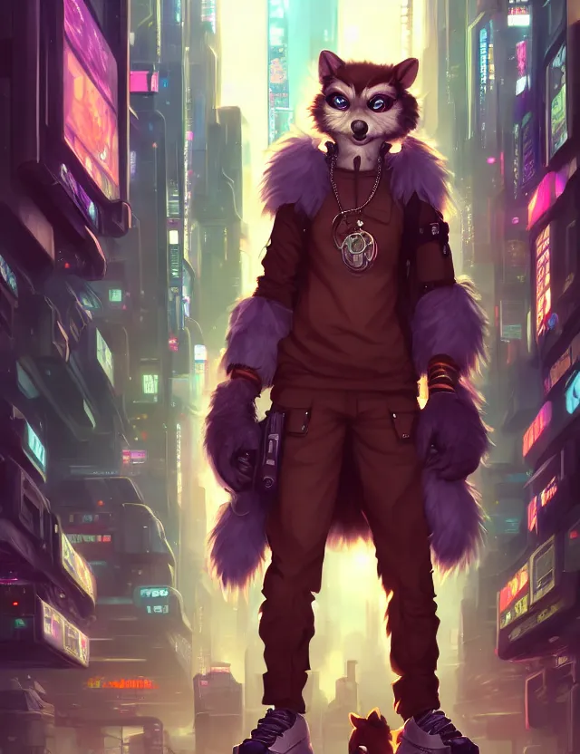 Image similar to cute young anthropomorphic furry in cyberpunk city | | cute - fine - face, pretty face, key visual, realistic shaded perfect face, fine details by stanley artgerm lau, wlop, rossdraws, james jean, andrei riabovitchev, marc simonetti, and sakimichan, trending on artstation