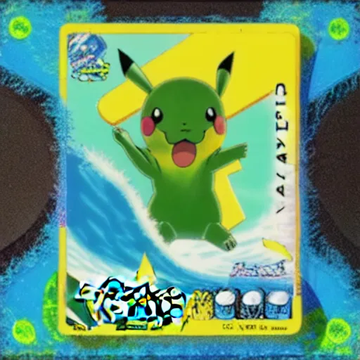 Image similar to pikachu surfing on a wave made of green slime, pokemon tcg image