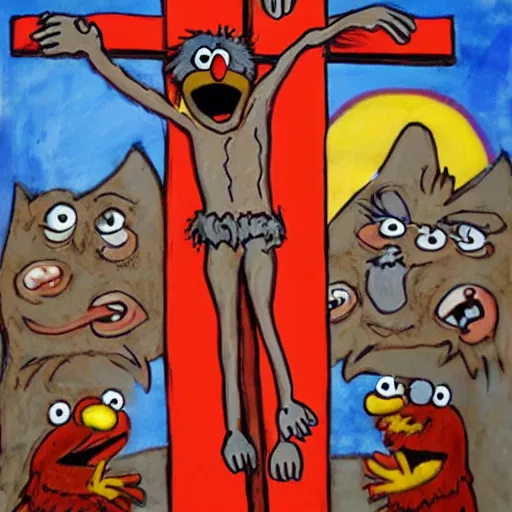 Prompt: elmo getting crucified, 4 k