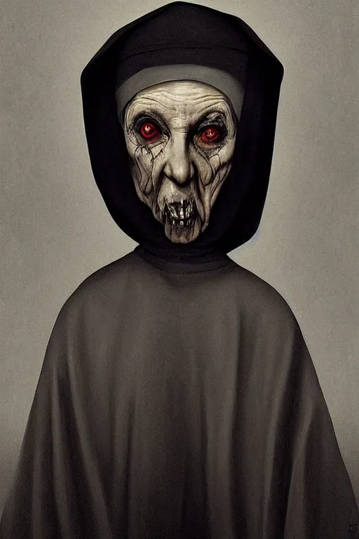 Prompt: fisheye portrait, digital painting, an evil old killer nun, realistic, hyperdetailed, spooky, concept art, art by rembrandt